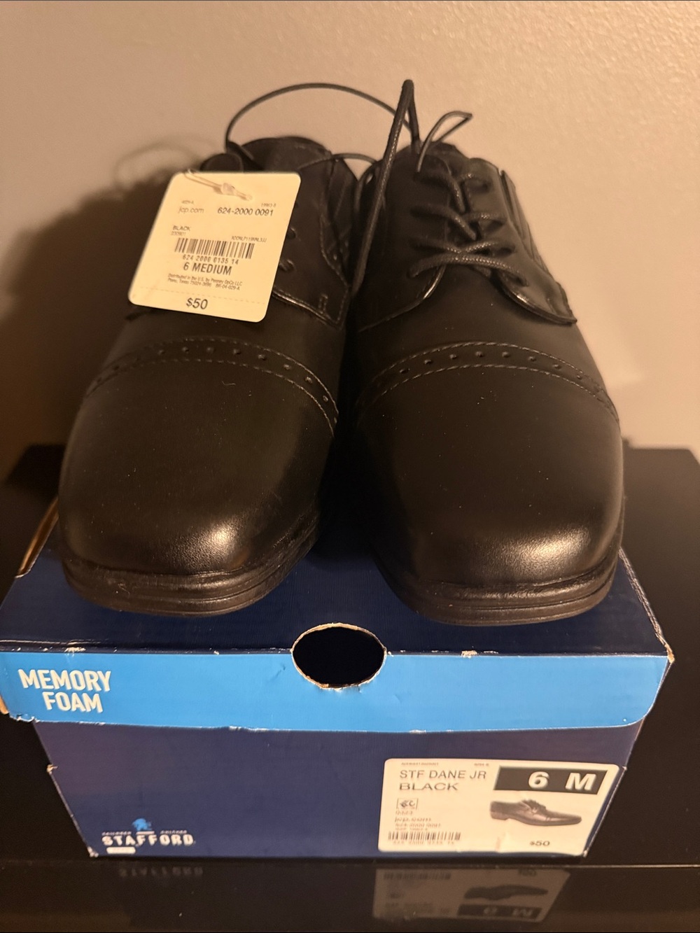 Stafford Black Boys Lace-Up Cap-Toe Dress Shoes